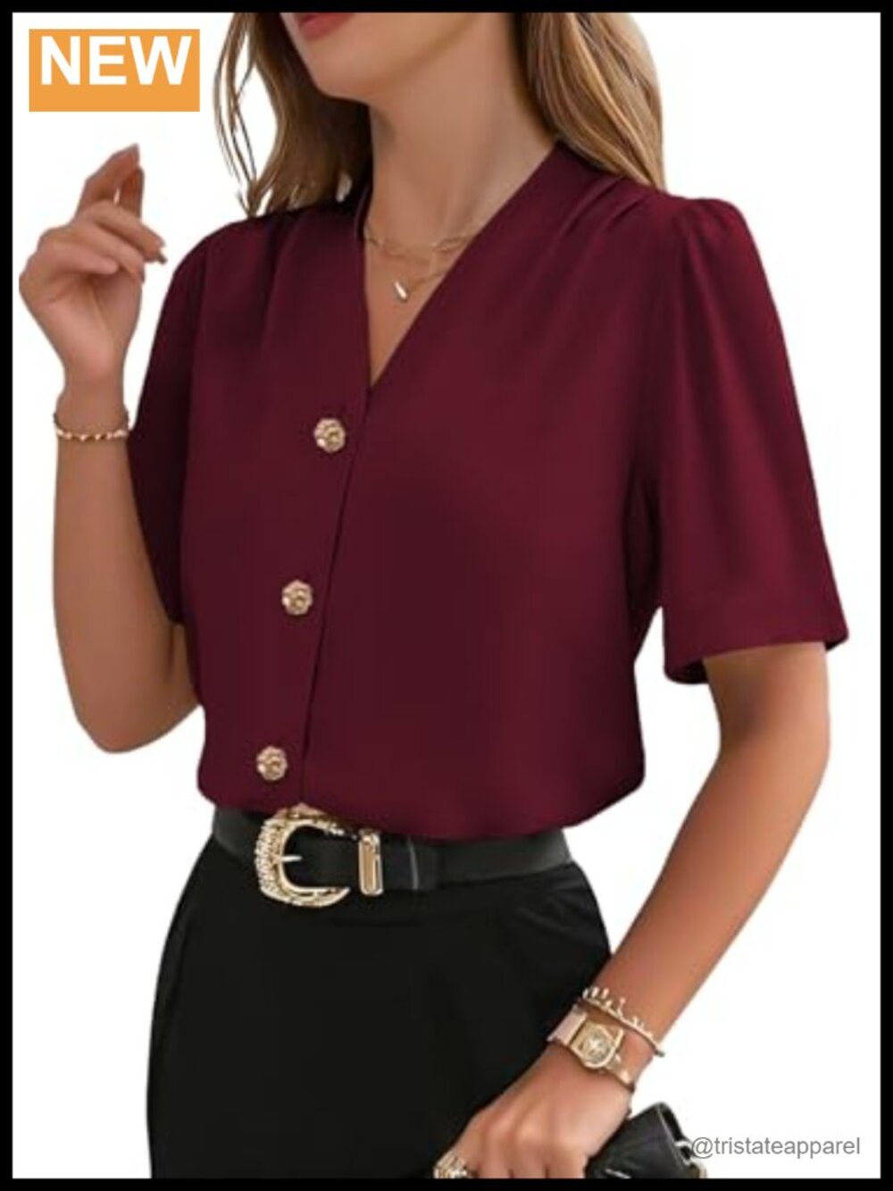 Women's V-Neck Button Down Blouse Short Sleeve Business Casual Top